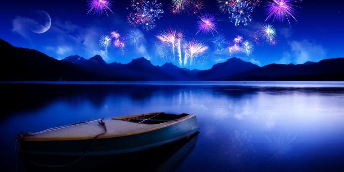 1920x1080 Night, fireworks, boat, Bay, mountains - Phone wallpapers