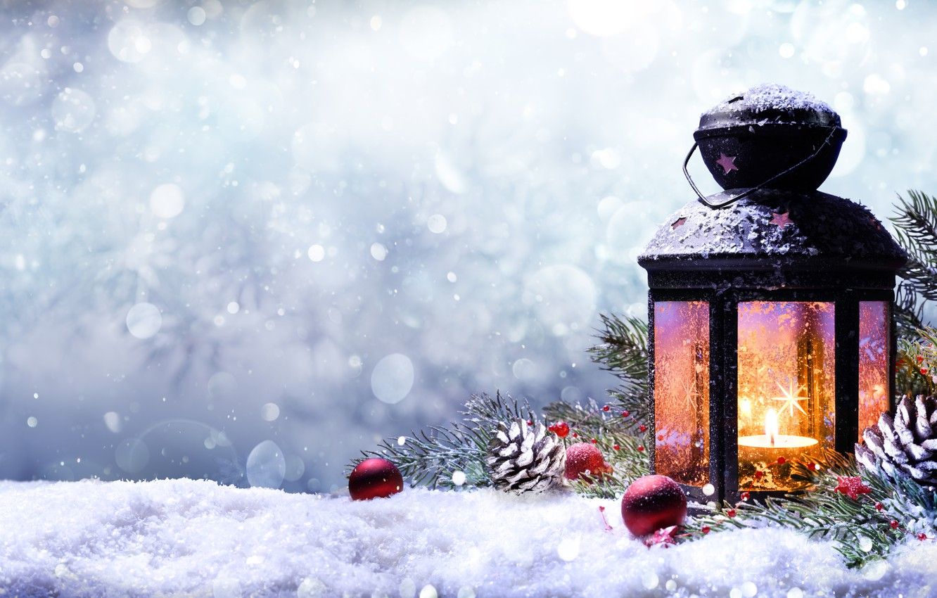 1332x850 Wallpaper snow, holiday, spruce, branch, flashlight, lantern, New