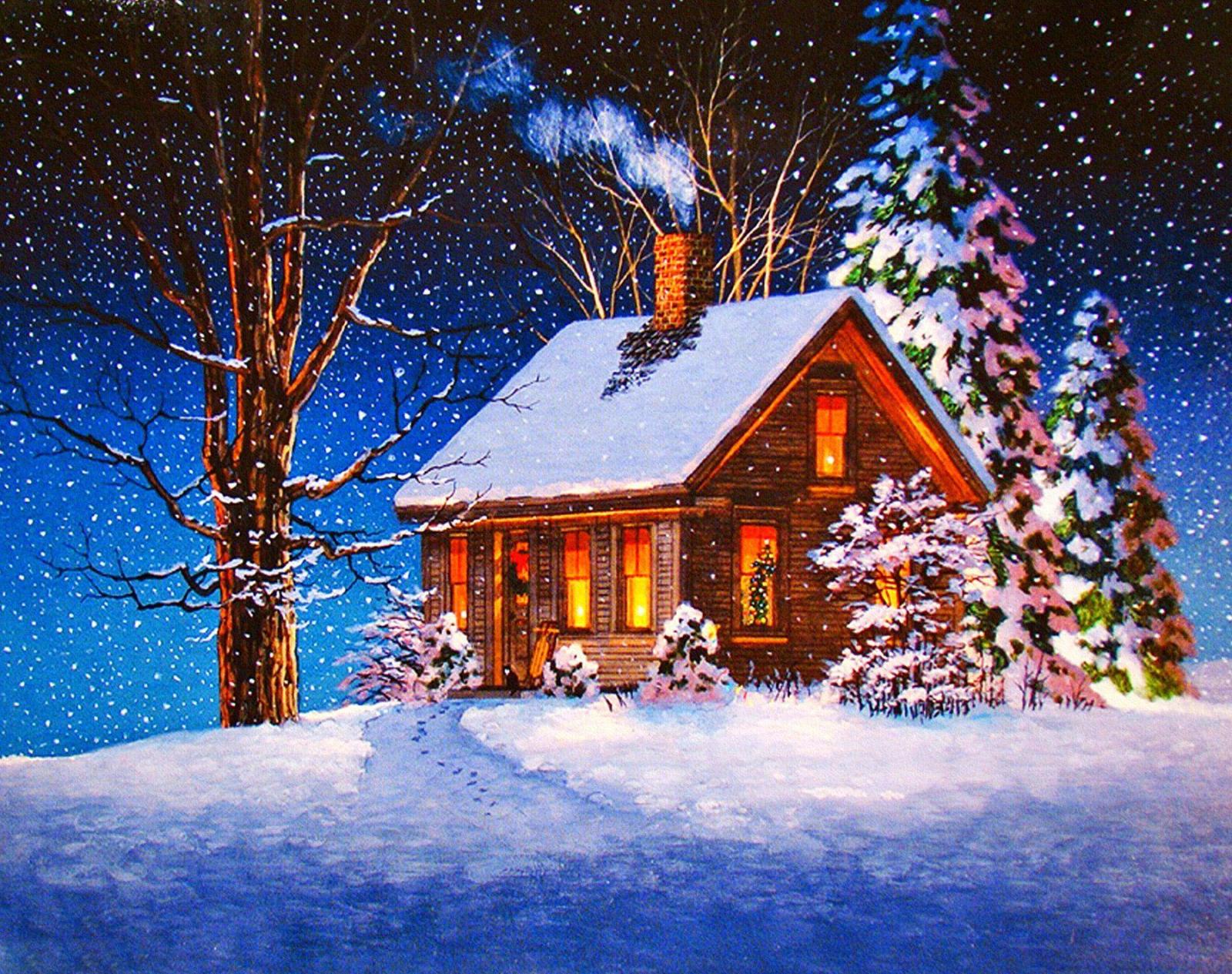 1800x1424 Holiday Christmas Artistic House Snowfall Holiday Cabin Tree Snow