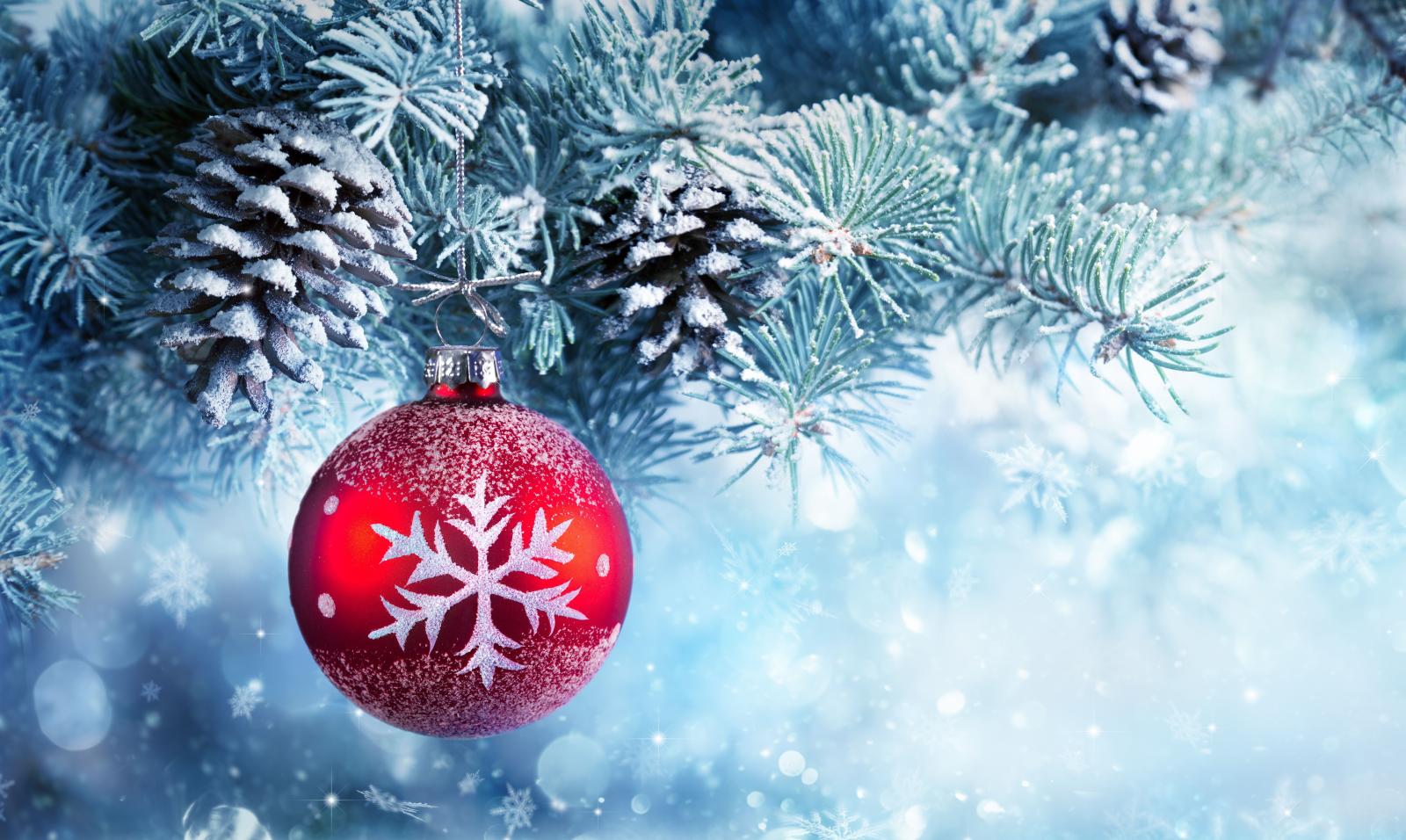 6630x3962 Wallpaper Christmas ball, Christmas ornament, Winter, Pine trees