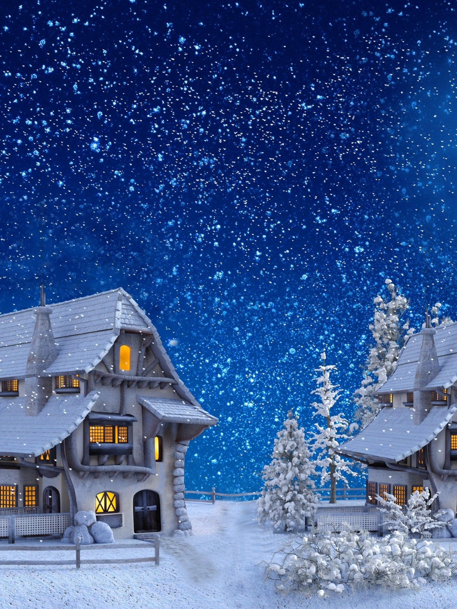 1536x2048 Download 1536x2048 Christmas, Snow, Houses, Moon, Stars, 3d Model