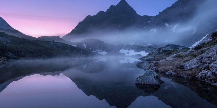 1332x850 Wallpaper the sky, water, snow, landscape, mountains, fog, lake
