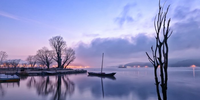 1920x1080 Wallpaper Early morning, dawn, lights, lake, reflection, boat
