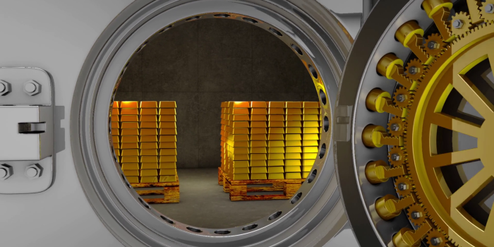 1920x1080 Open bank safe armored door and gold bars. 3d render Motion