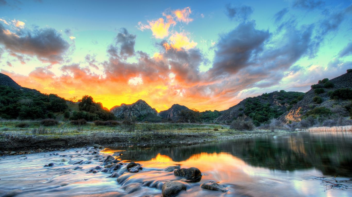 1366x768 Download wallpaper 1366x768 landscape, usa, river, sky, malibu