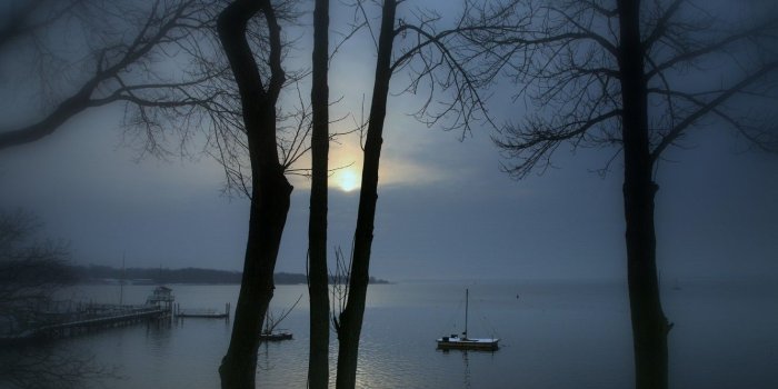 1332x850 Wallpaper trees, landscape, sunset, winter, lake, boats, foggy