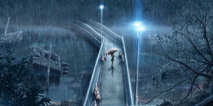 1680x1050 Download wallpaper girl, bridge, umbrella, rain, lights, waiting