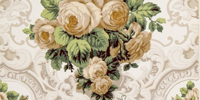 1161x2048 Large Rose Bouquets in Rococo Scrolls/Antique Wallpaper - Bolling