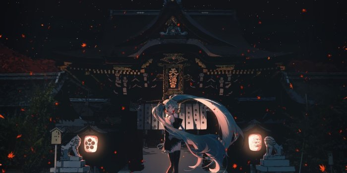 1500x1000 autumn dark green eyes green hair hatsune miku headphones leaves