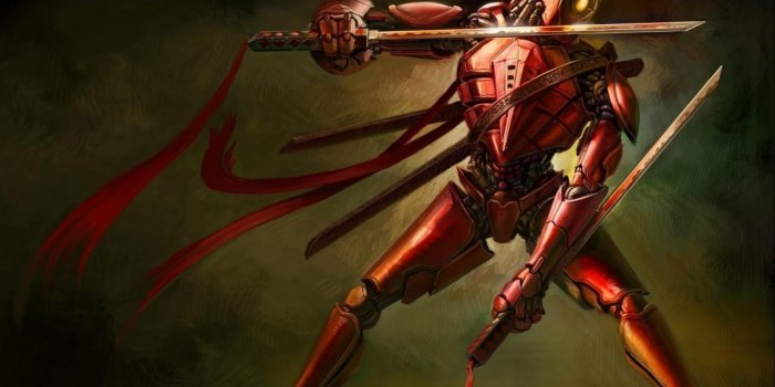 1280x800 Red robots ninjas mecha artwork swords wallpaper | (567)