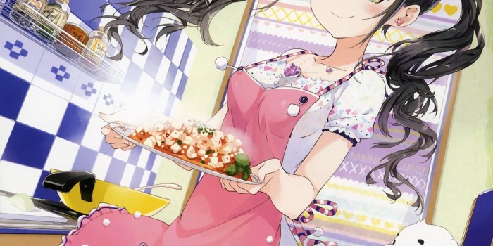 2105x2216 kitchen, cooking, twintails, stuffed animals, smiling, standing