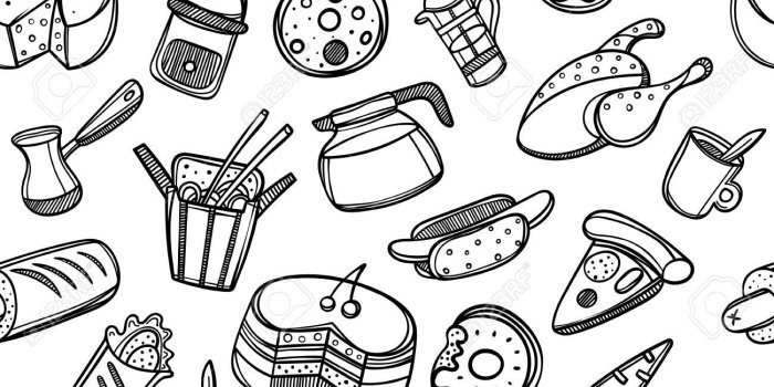 1300x1300 Cartoon cute food and kitchenware on white background. Seamless