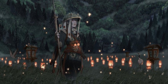 1332x850 Wallpaper Field, Japan, Fantasy, Art, Asian, Warrior, Rain, Ninja