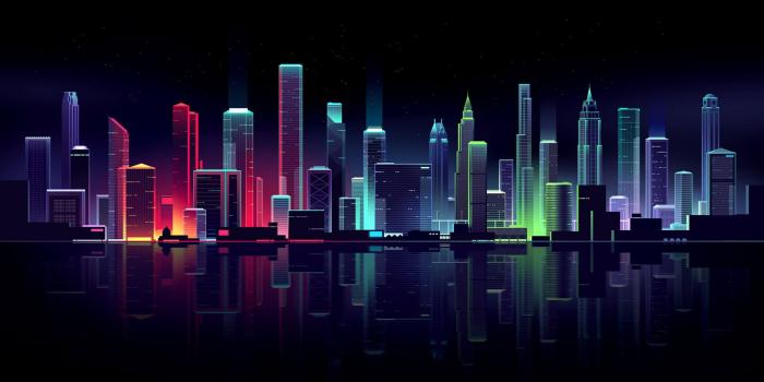 2048x1152 Download Dark, cityscape, buildings, colorful, illustration