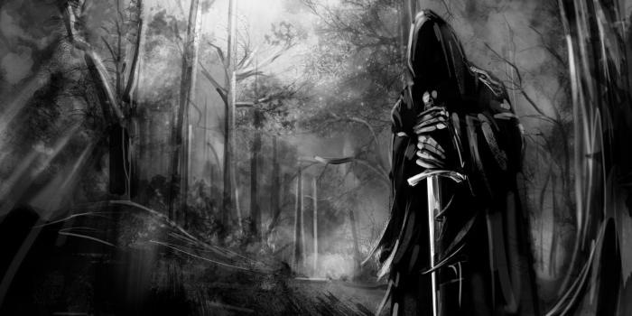 2048x1152 Download 2048x1152 Dark Forest, Black And White, Sword, Scary