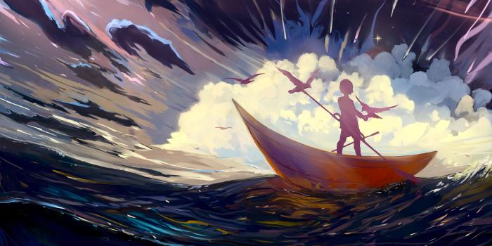 4500x3033 Download wallpaper 4500x3033 silhouette, boat, art, storm, birds