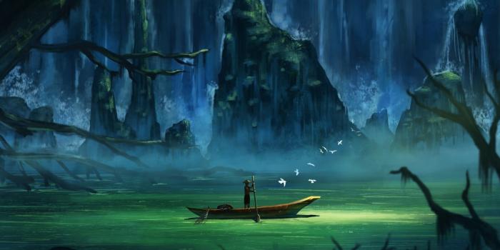2880x1800 Download 2880x1800 Boat, Concept Art, Waterfall, River Wallpapers