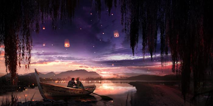 3840x2160 Wallpaper 4k boat, couple, stars, night, romance, art 4k Boat