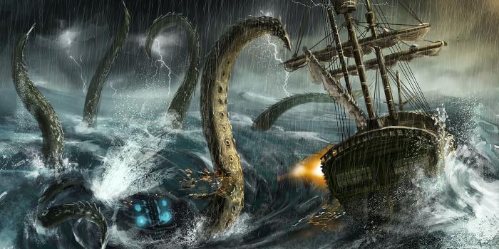 2600x1392 Kraken Attacking Sailing Ship, Artwork, Fantasy Art, - Sea Monster