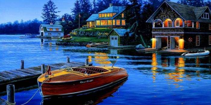 2560x1600 Houses Lake Boat Art Background : Wallpapers13.com