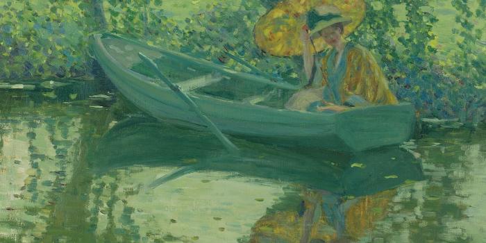 1920x1462 Woman on boat, art, frederick carl frieseke, lake, boat, water