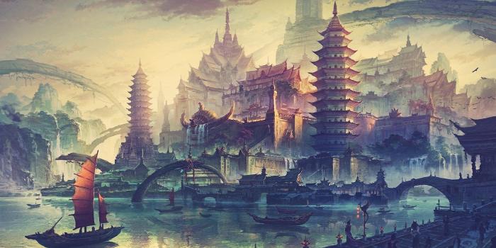 1920x1080 drawing, city, water, ship, boat, fantasy art :: Wallpapers