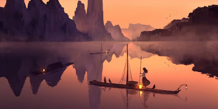 3840x2160 Wallpaper 4k Girl Boat Valley Birds Evening Sale 4k 4k-wallpapers