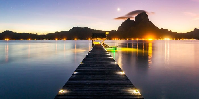 1920x1080 Dusk over jetty in Bora Bora lagoon with mount Otemanu in the