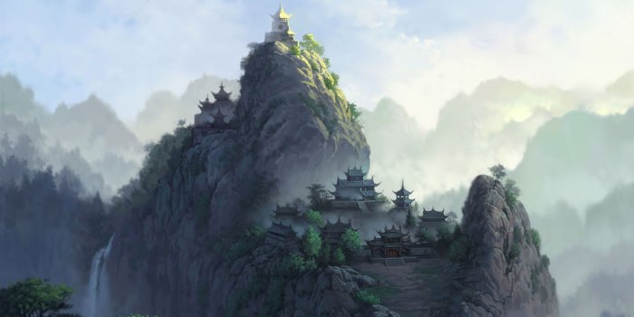 1920x1200 Temple on mountain peak | Fantasy landscape, Chinese mountains