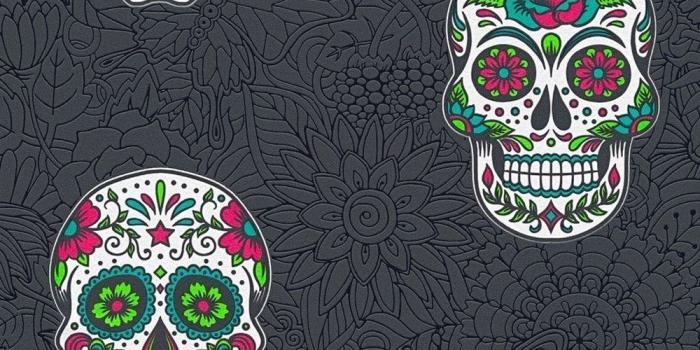 1000x1000 Skull Wallpaper Gothic Floral Black & Multicoloured Textured Vinyl