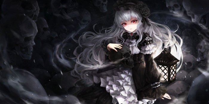 1366x768 Download 1366x768 Gothic Anime Girl, Skulls, White Hair, Dress