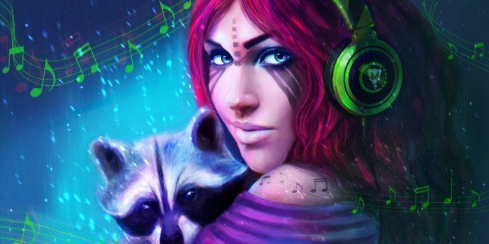 1244x700 Painting Art Raccoon Headphones Redhead girl Glance Face Fantasy