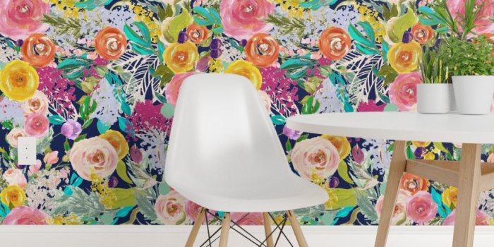 1024x1024 Wallpaper Roll Autumn Floral Flower Dark Blue Painted Flowers 24in
