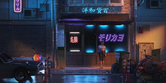 1332x850 Wallpaper Night, The city, Neon, Machine, Street, Rain, Moped