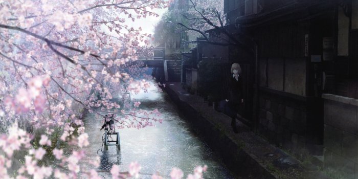 5000x3403 Water cherry blossoms japanese spring watercolor anime girls