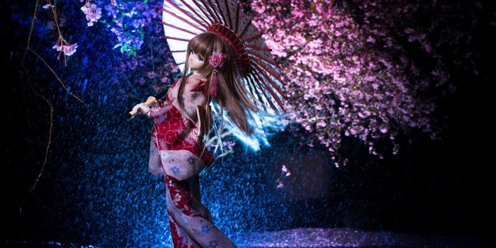 1920x1200 Wallpaper Beautiful Japanese girl, doll, umbrella, sakura, rain