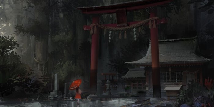 1500x991 alphonse dark hakurei reimu japanese clothes miko rain shrine