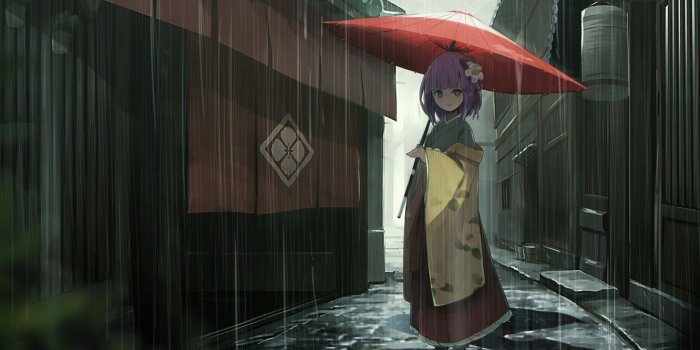 1332x850 Wallpaper rain, home, umbrella, girl, puddles, kimono, street
