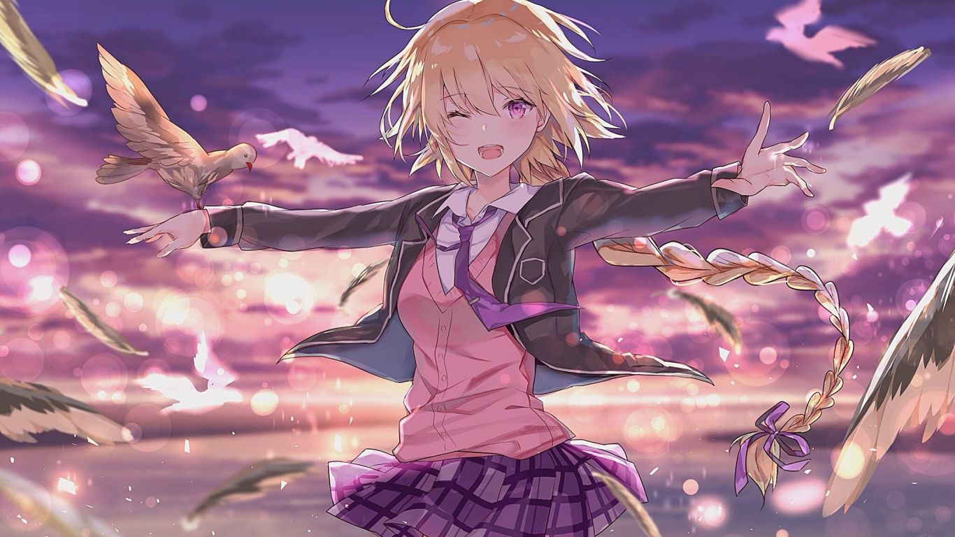 1366x768 Download 1366x768 wallpaper birds, school uniform, jeanne d'arc