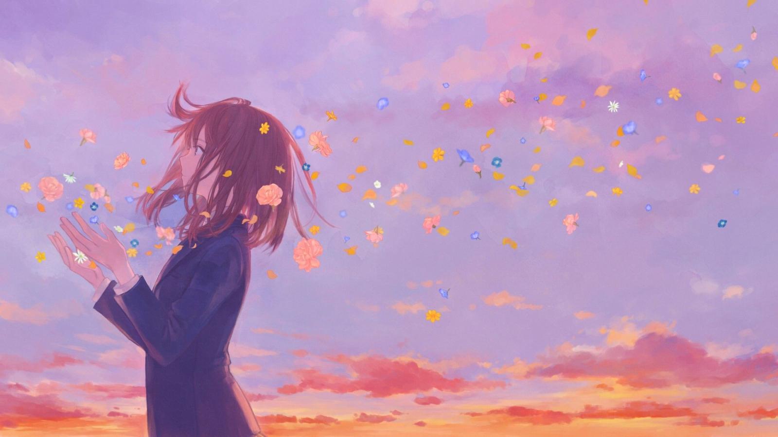 1920x1080 1920x1080 Anime Girl School Uniform Flowers Clouds 8k Laptop Full