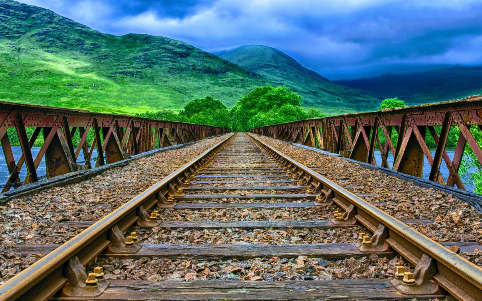 3840x2400 Scottish Railway Track Rail Bridge Fence River Green Mountain Sky