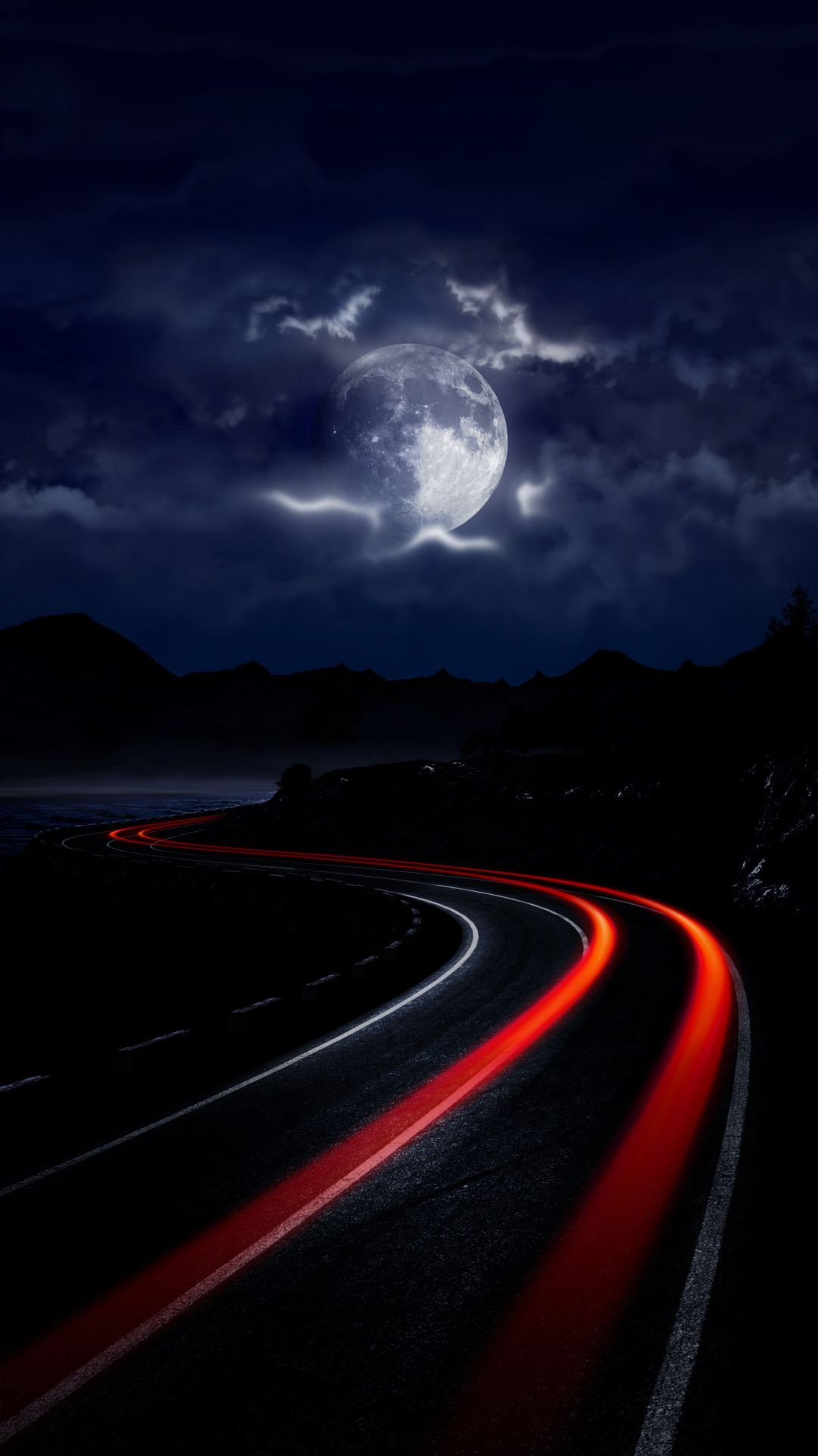 1080x1920 Moon over road, race track, dark, art, 1080x1920 wallpaper | Phone