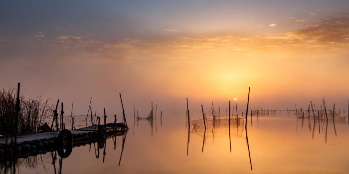 3840x2160 Wallpaper 4k pier, sunset, lake, fishing nets 4k Lake, pier, sunset