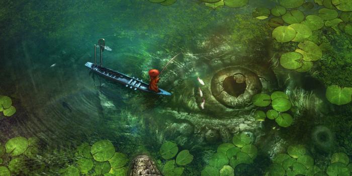 1920x1080 lake, Fishing, Boat, Fish, Fantasy art, Fisherman Wallpapers HD