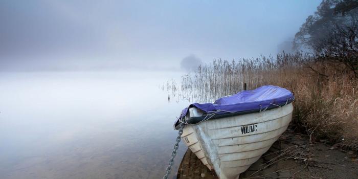 1920x1080 Fishing boat on a foggy lake wallpaper - Photography wallpapers