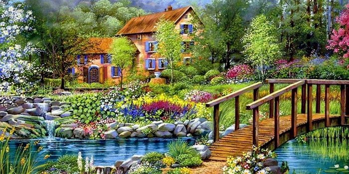 1920x1080 Flowers, Beautiful, Cottage, Flowers, Paintings, Lake, Sky, Bridge