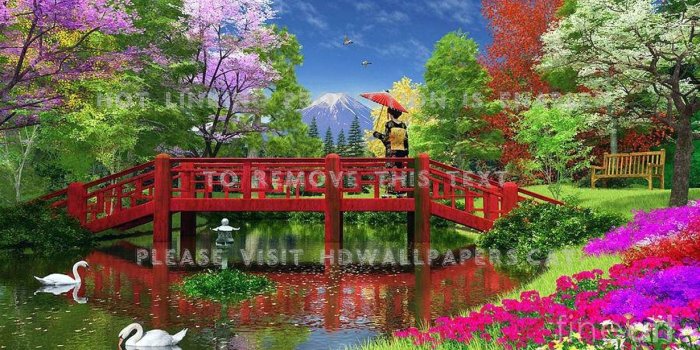 1230x768 japanese garden flowers river trees bridge