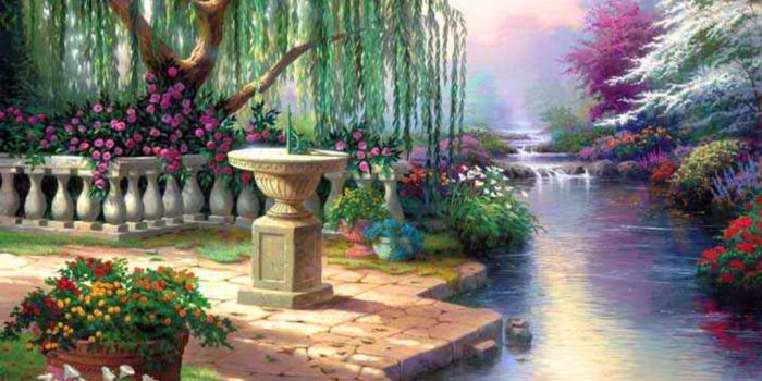 1024x768 Trees, planter and flowers beside river painting HD wallpaper