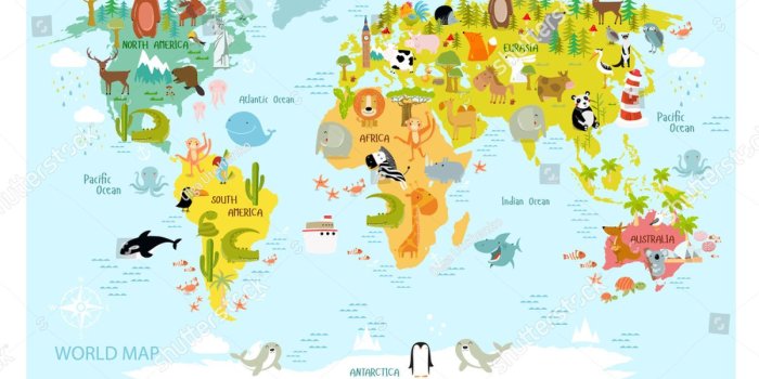 1500x1150 Vector map of the world with cartoon animals for kids. Europe