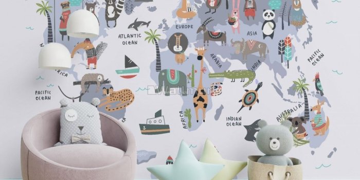 1100x942 World Map with Cartoon Animals Wallpaper Mural - Wallpaper • Wallmur®